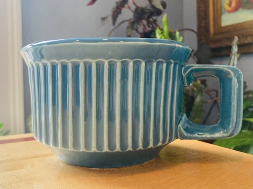 McCoy USA Blue Teal Large Ribbed Coffee Soup Mug Square Handle VTG #138 RARE