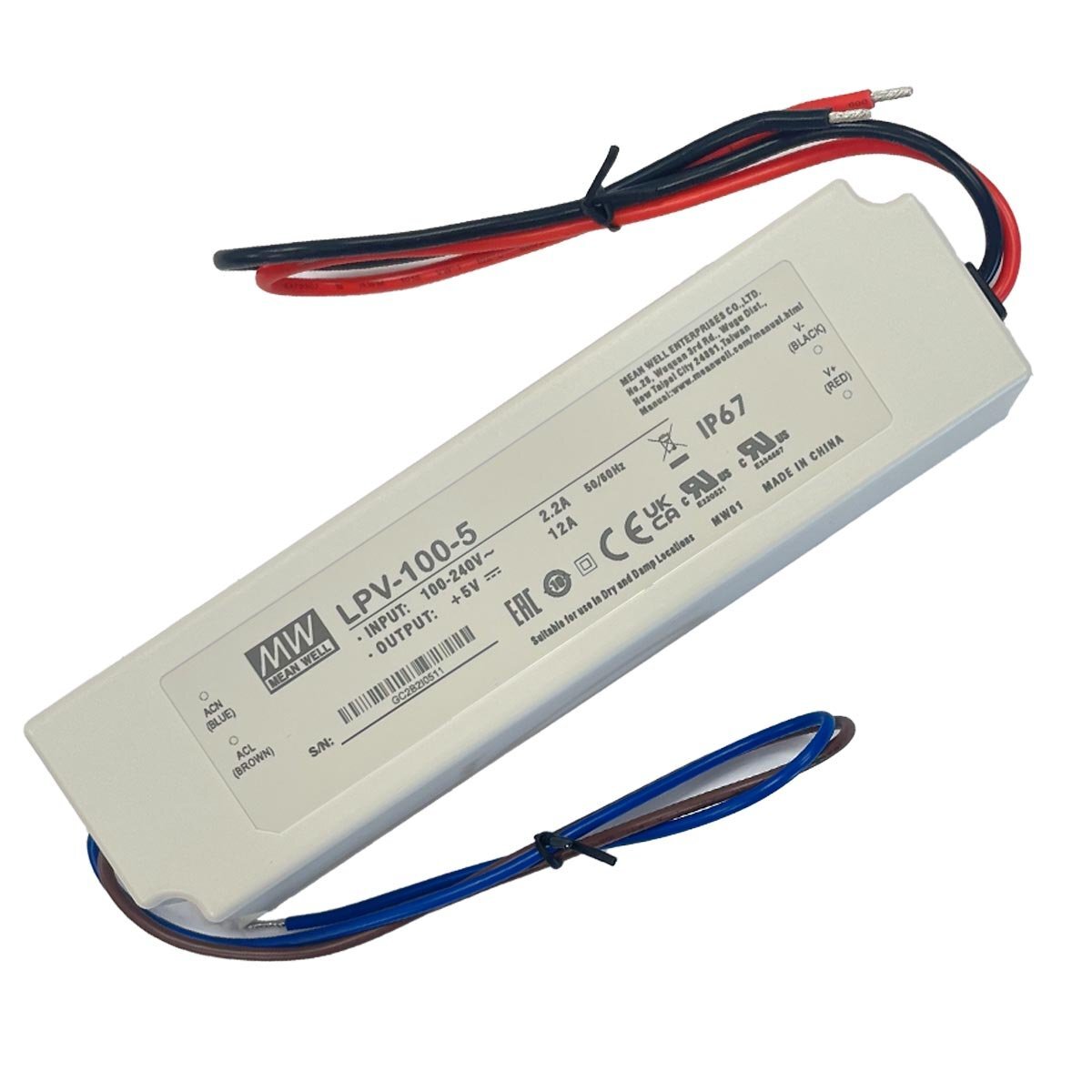 Alimentatore 5V 12A per Insegne LED MeanWell LPV-100-5 Stagno IP67
