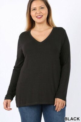   Plus Size Premium Rayon Long Sleeve V-Neck Tees Black 2XL