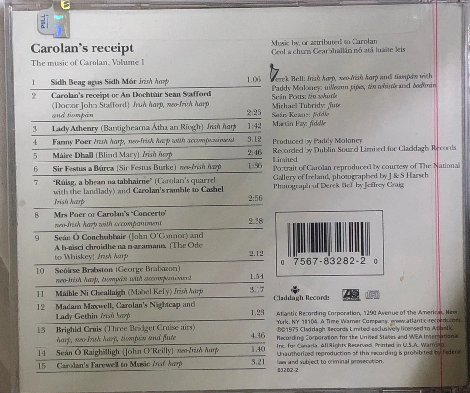 Derek Bell - Carolan's Receipt: The Music of Carolan Vol 1 CD Irish Harp Foto 2 de 2