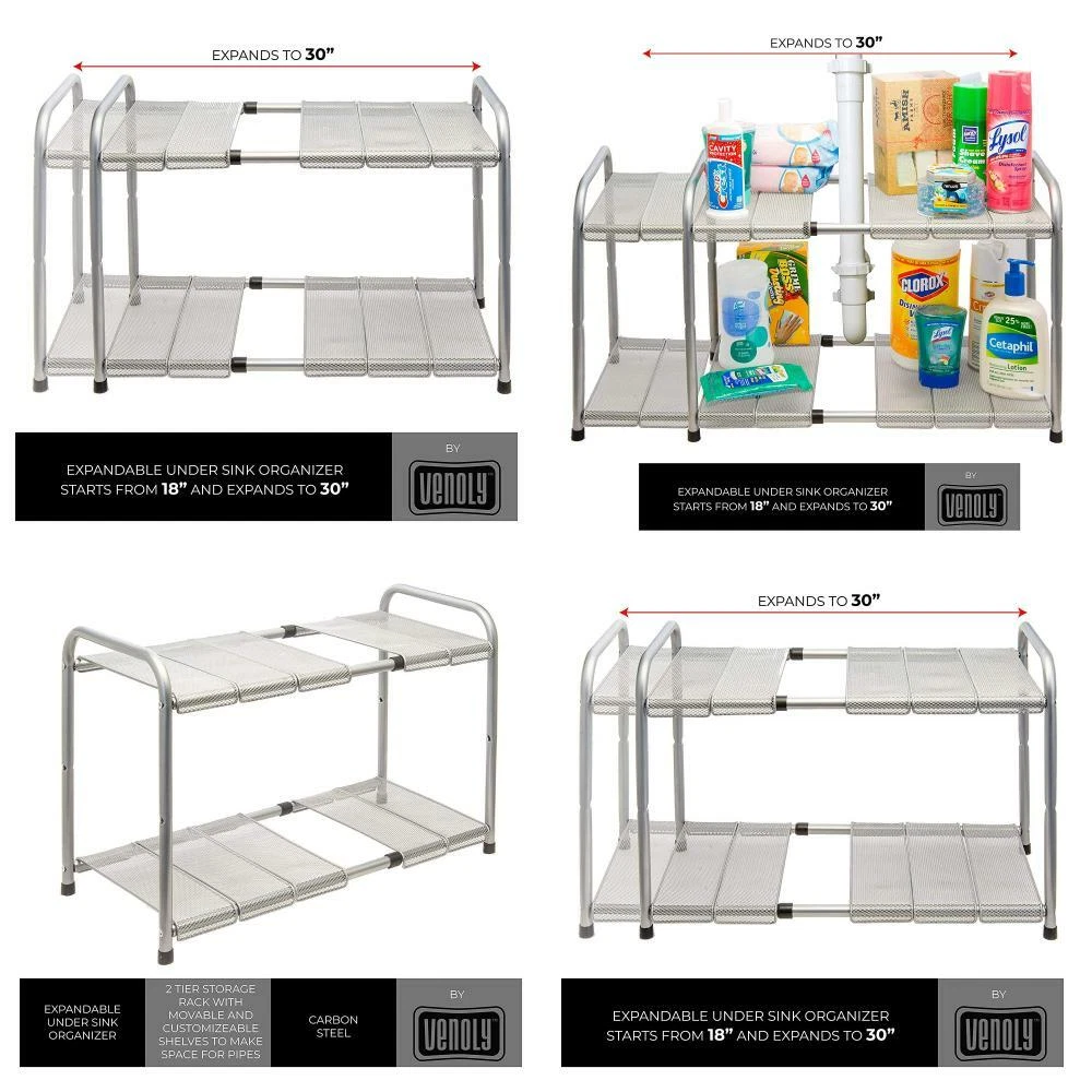 Expandable Under Sink Organizer - 2 Tier Storage Rack with Movable and Customizeable Shelves to Make Space for Pipes - Carbon Steel - by Venoly