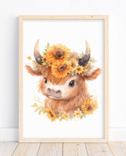Cow Art Print, Cute Highland Cow and Sunflowers Art Print, Farmhouse Wall Decor