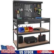  48" Adjustable Workbench 3-Tier Work Table Heavy Duty Pegboard w/Power Outlets 