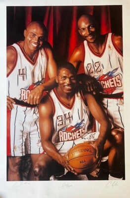 1998 HOUSTON ROCKETS POSTER SIGNED BY BARKLEY, OLAJUWON, DREXLER