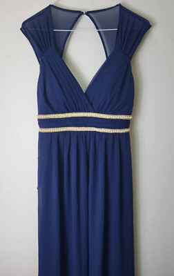 Everpretty Damen Perlen Plissee Langes Damen Elegantes Kleid Marine Größe Small