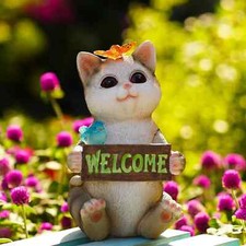 Solar Welcome Cat Statue for Outdoor Decor: Outside Garden Sculptures for Orn...