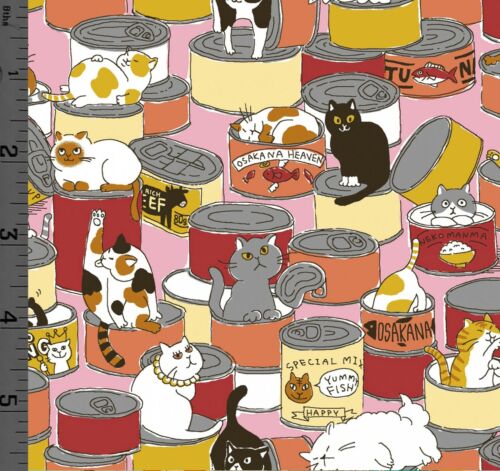 Cat Food Cans Kitties Neko Cotton Quilt Fabric Cosmo Japan COSAP12902-1C Pink - Picture 1 of 1