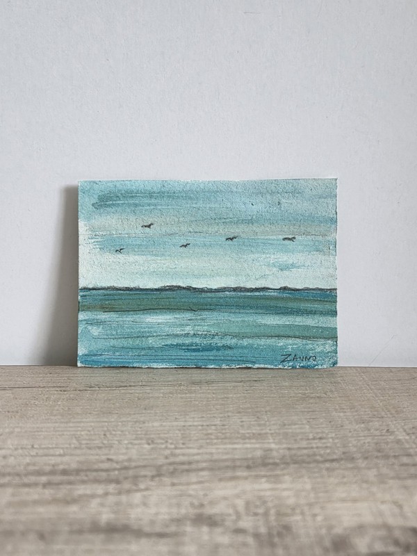 ACEO Sea Scape Ocean With Birds Watercolor Mini Art Original OOAK