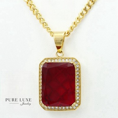 Men's 24'' Stainless Steel,Red Charm Cubic Zirconia Curb Chain Gold plated*BOX