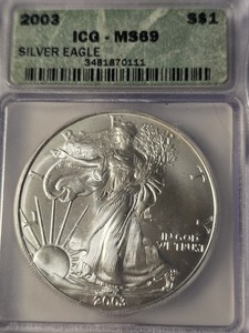 2003 Silver American Eagle $1 .999 1oz  - ICG MS-69EARY DATE-3rd Year GEM!