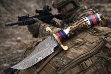 Handmade Damascus Steel Fix Blade Skinning Knife Stag Antler Brass Guard Sheath