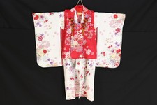 Vintage Japanese Kimono Shichi-Go-San Girl Hifu Vest Red White Japan