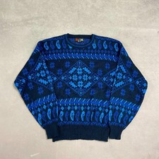 Vintage Abstract Knitted Jumper Patterned Grandad Chunky Knit Sweater Men's M