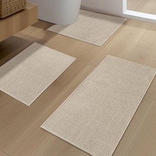 Beige Bathroom Rugs Set 3 Pieces Non Slip Thin Bath Mat Quick Dry Low Pile