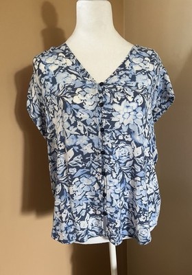 Liz Claiborne Womens L Blue White Floral Short Sleeve Button Front Blouse Top