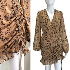 Lulus One True Love Taupe Floral Print Ruched Long Sleeve Mini Dress Size Small