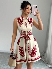 Strapless Floral Print Belted Waist Dress