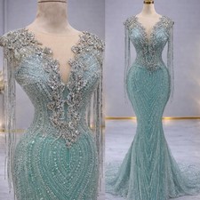 Sage Mermaid Ball Dress Transparent Collar Crystal Tassel Sparkling Evening Gown