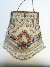Antique 1920s Art Deco Micro Beaded Purse Roses Jeweled Frame Fringe Bag