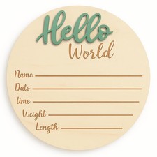 Baby Announcement Sign - Wooden Hello World Newborn Name Plaque, Gender-Neutral