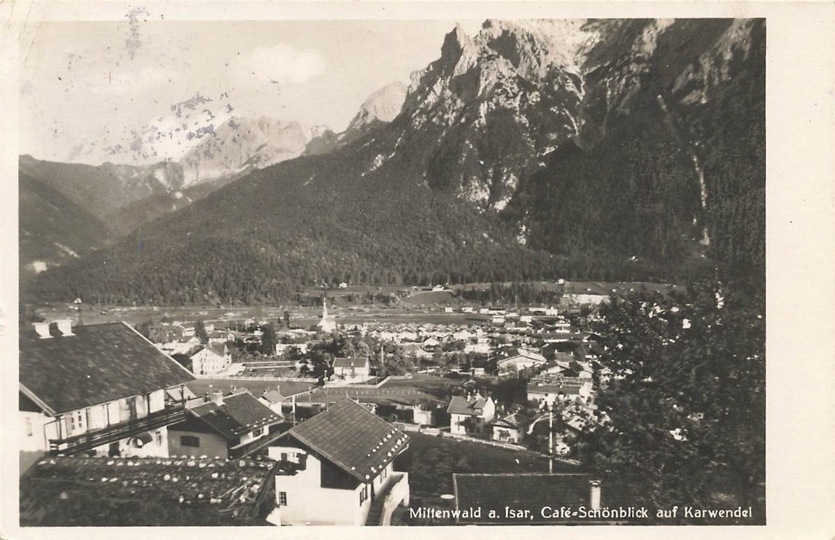 AK Mittenwald (82481),Café Schönblick auf Karwendel, BAHNPOST 15.07.1934 (Münche