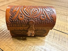 Vintage Hand Carved Wooden Trinket Box Red Velvet Lined Folk Art Floral Small