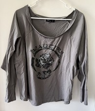 Woman  s Plus Gray 3/4 Sleeve Tee With Black Gray Rose 2X 3X
