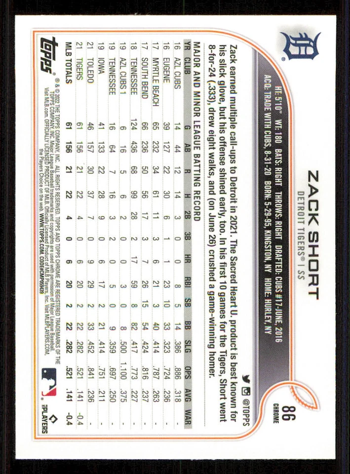 2022 Topps Chrome #86 Zack Short RC - Image 2 of 2