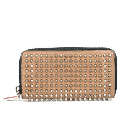 Christian Louboutin Long wallet Studs Round Zip Beige coin cases Made In ITALY
