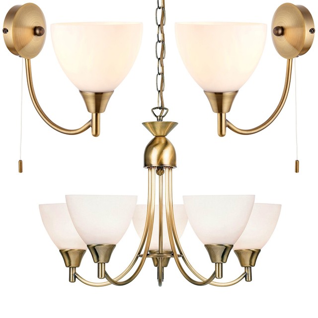 5 Lamp Ceiling & 2x Wall Light Packantique Brass Glass Matching Indoor