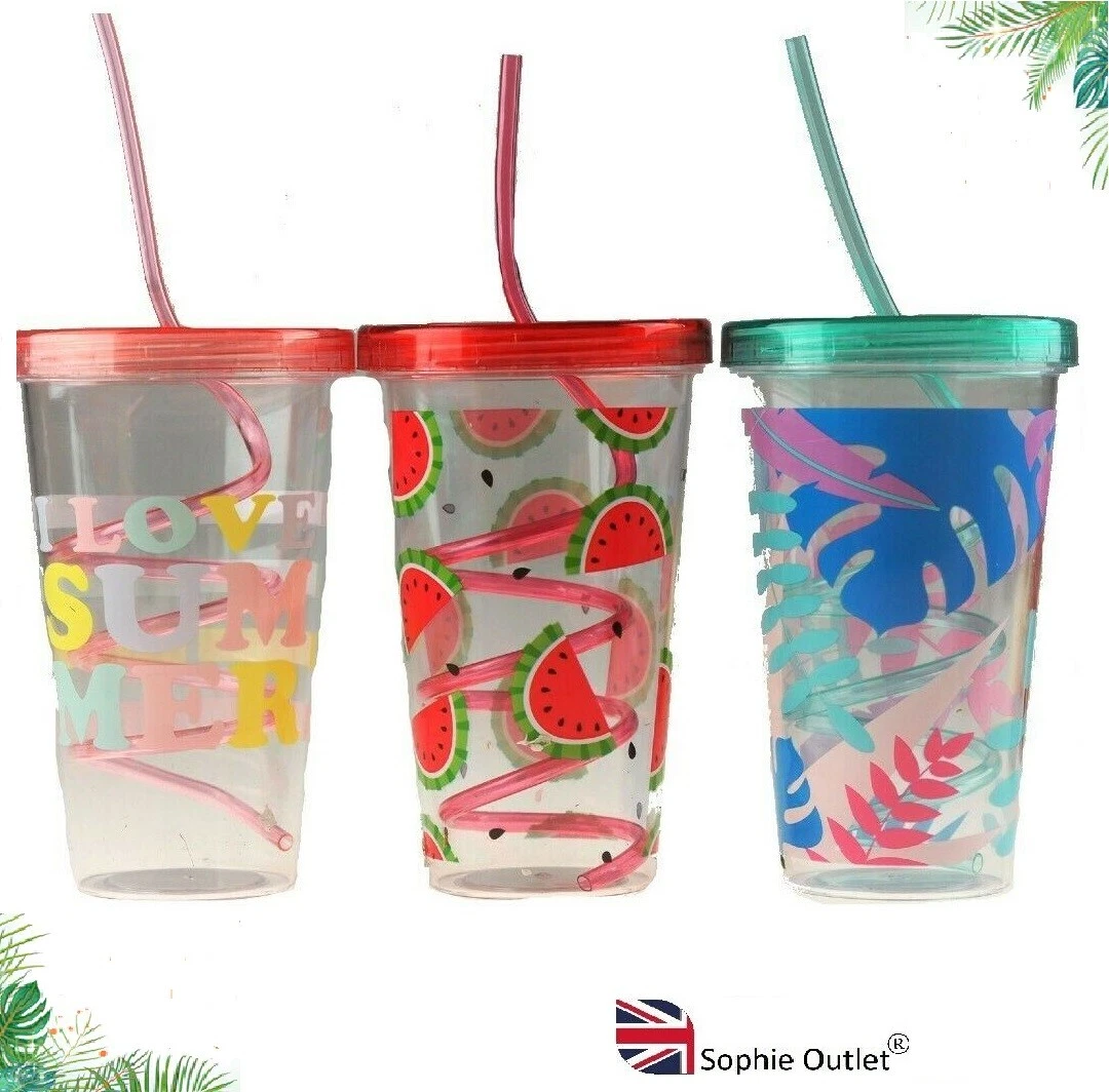 Printed CUP & SWIRL STRAW Reusable Cup & Lid Kids Drinking ware Party  Picnic UK