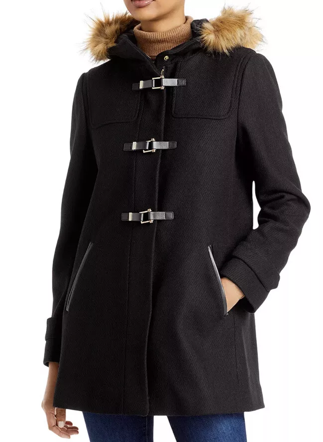 Cole Haan Hooded Faux Fur Trim Duffle Coat eBay