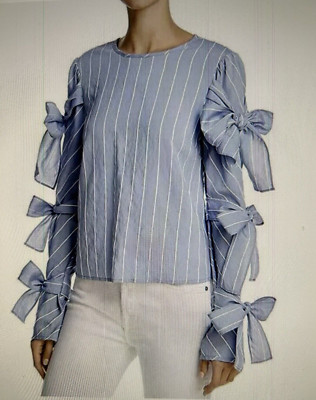 Endless Rose Women's Striped Tie Sleeve Top Blouse Powder Blue Size L