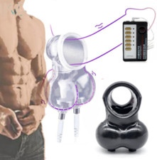 Male E-Stim Shock Chastity Cage Time Delay Ball Stretcher Pouch Enhancer Sleeve
