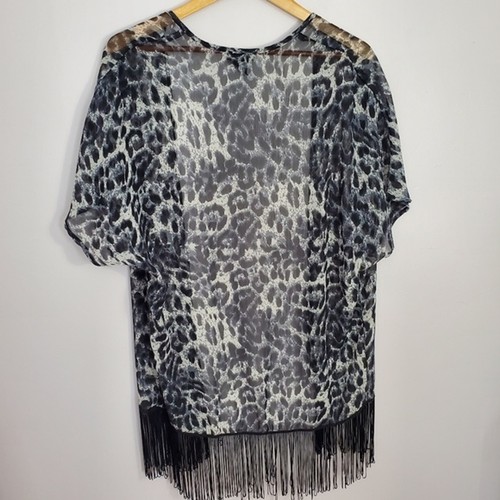 Stella Cruz Women Small Animal Print Fringe Beach Coverup Kimono Black White - Picture 6 of 10