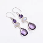 Amethyst Moonstone Stone Fashion Jewelry 925 Silver Dangle Earrings 2.4" ARE-526