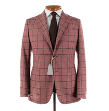 Sartorio Kiton NWT Wool Sport Coat Size 48R 38R US In Berry Red w/ Brown Plaid
