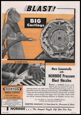 #ad 1957 Norton Boron Carbide Norbide Pressure Nozzles Photos Blast Suit Print Ad $13.80