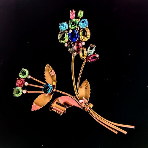 Coro Craft Sterling Silver Vermeil Vintage Flower Bouquet Brooch 4"