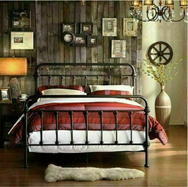 Rustic Vintage Iron Queen Bed Frame Farmhouse Spindle Design  -image