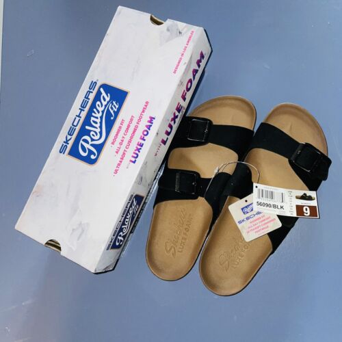 Skechers Black Straps Sandals Womans 9 Black Relaxed Fit Luxe Foam Cork
