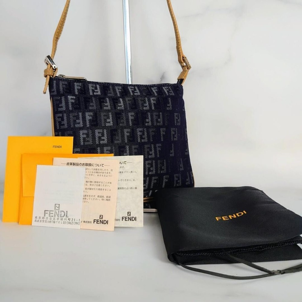 Authentic FENDI Zuccino Denim Navy Shoulder Bag Pochette