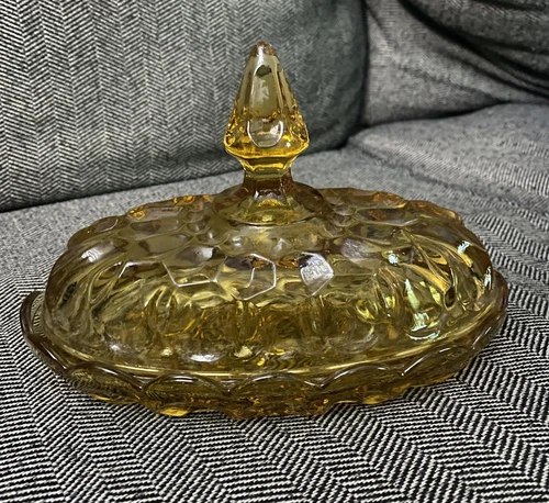 Vintage 1970s Anchor Hocking Fairfield Oval Glass Amber Honey Butter Dish W/ Lid