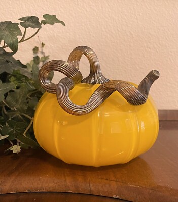 LITTLE RIVER HOTGLASS HANDBLOWN PUMPKIN, LARGE, ORANGEY YELLOW, EXTRA LONG STEM