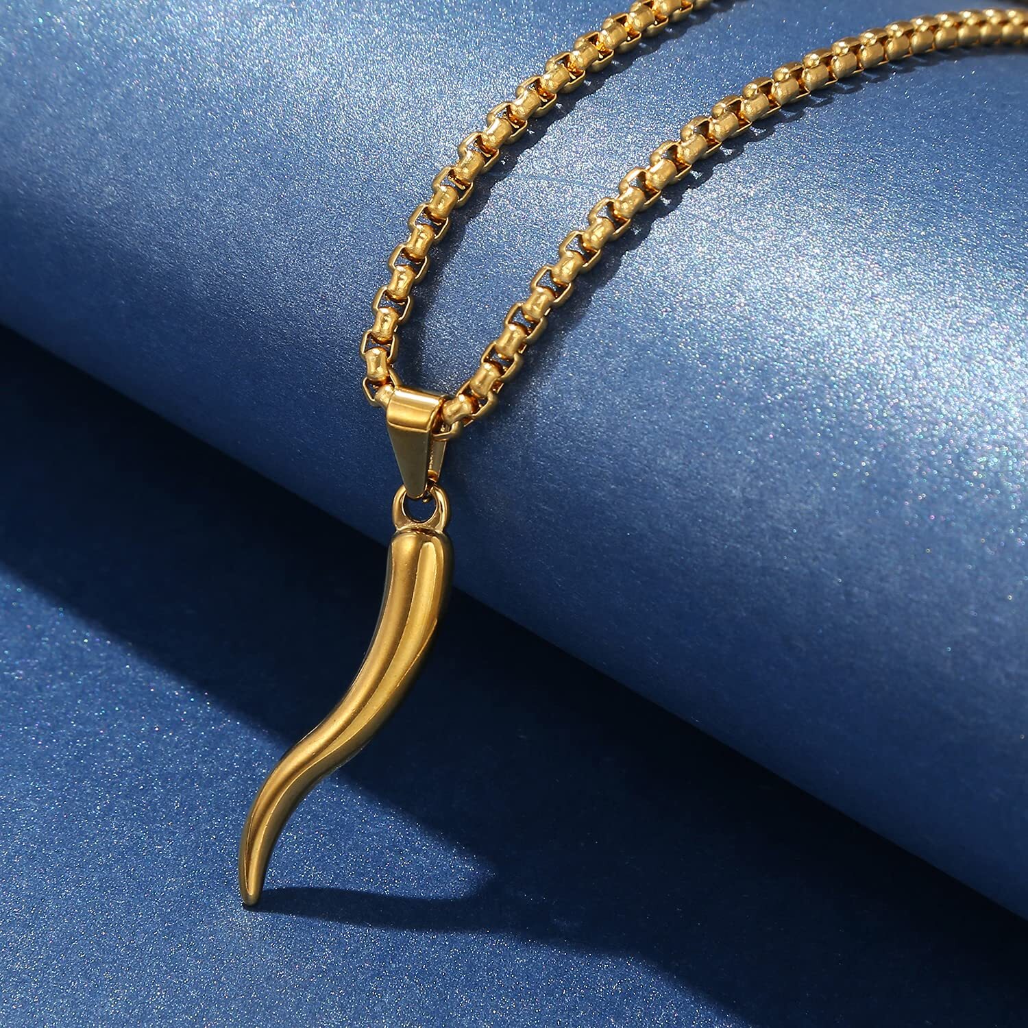 Gold Plated Italian Horn Necklace Cornicello Amulet Pendant Necklace Stainles...