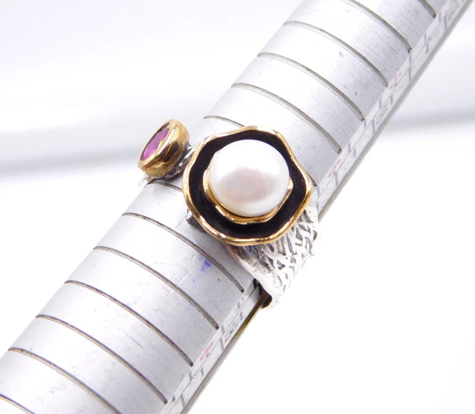 Anillo de dos tonos de plata esterlina 925 de 5,6 Gm con cabina de perlas naturales tamaño 6,7" EE. UU. Foto 2 de 4