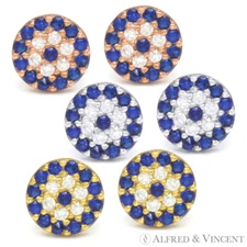 Evil Eye Turkish Nazar Greek Mati Hamsa Charm Sterling Silver 7mm Stud Earrings