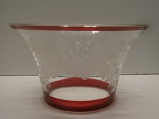 ANTIQUE ETCHED CRANBERRY OVERLAY DECORATED ART GLASS BOWL