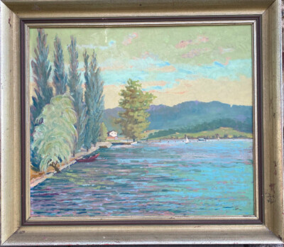 :: ACRYLIC PAINTING INDISTINCT SIGN. LAKESIDE HOUSE WITH ROWING BOAT WITH MOUNTAIN PANORAMA