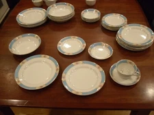 ANTIQUE  Johnson Brothers JB630 China 1 Service for 7 Blue Border Pink Rose